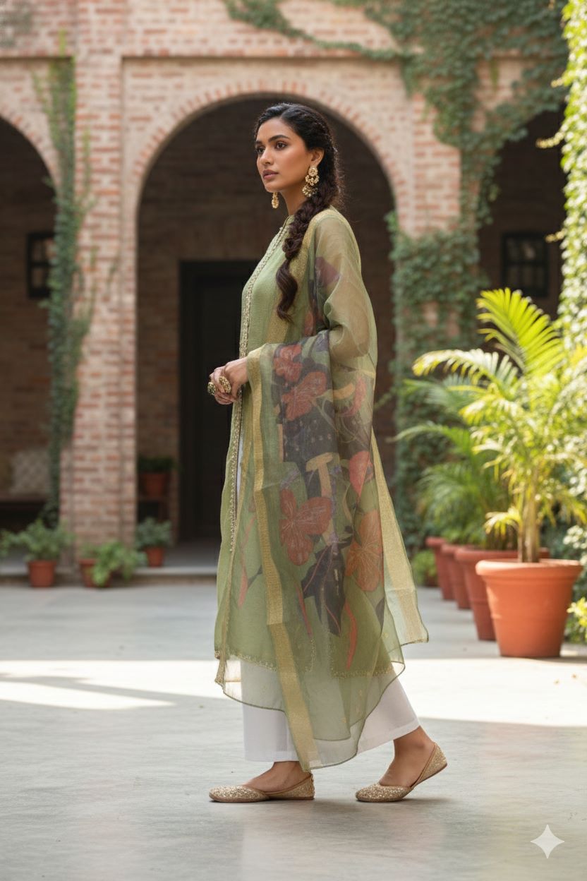 Myshka Women Green Sleeveless Kurta, White Palazzo with Printed Organza Dupatta - Swadesiicart