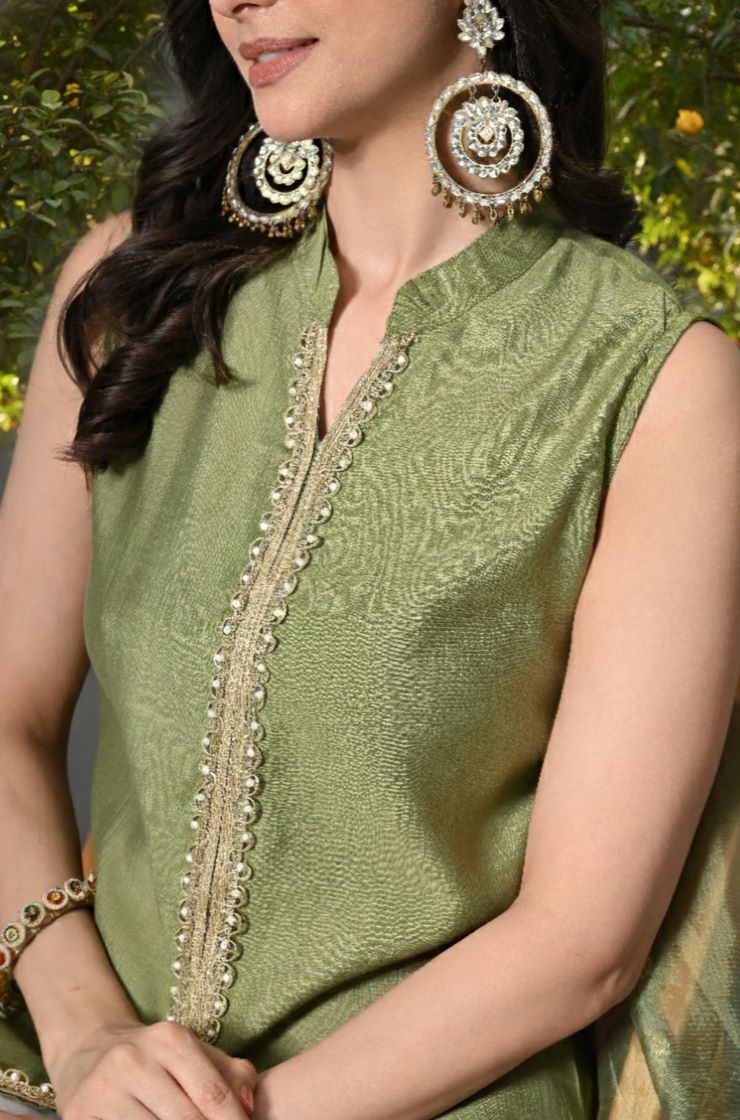 Myshka Women Green Sleeveless Kurta, White Palazzo with Printed Organza Dupatta - Swadesiicart