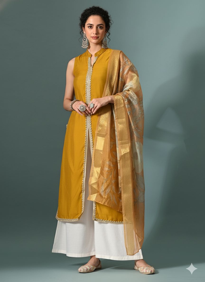 Myshka Women Yellow Sleeveless Kurta, White Palazzo with Printed Organza Dupatta - Swadesiicart