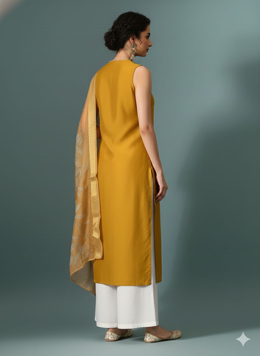 Myshka Women Yellow Sleeveless Kurta, White Palazzo with Printed Organza Dupatta - Swadesiicart