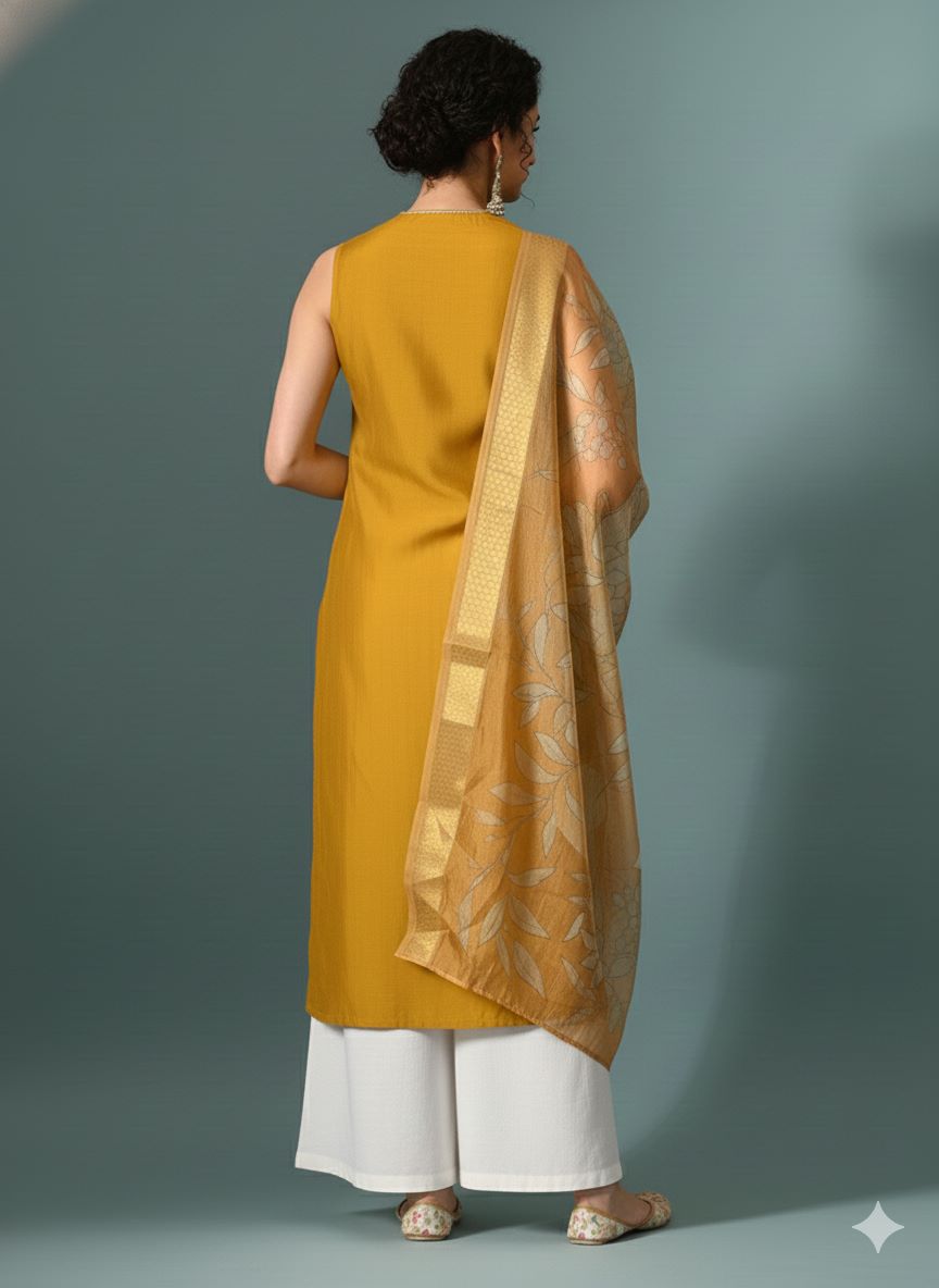 Myshka Women Yellow Sleeveless Kurta, White Palazzo with Printed Organza Dupatta - Swadesiicart