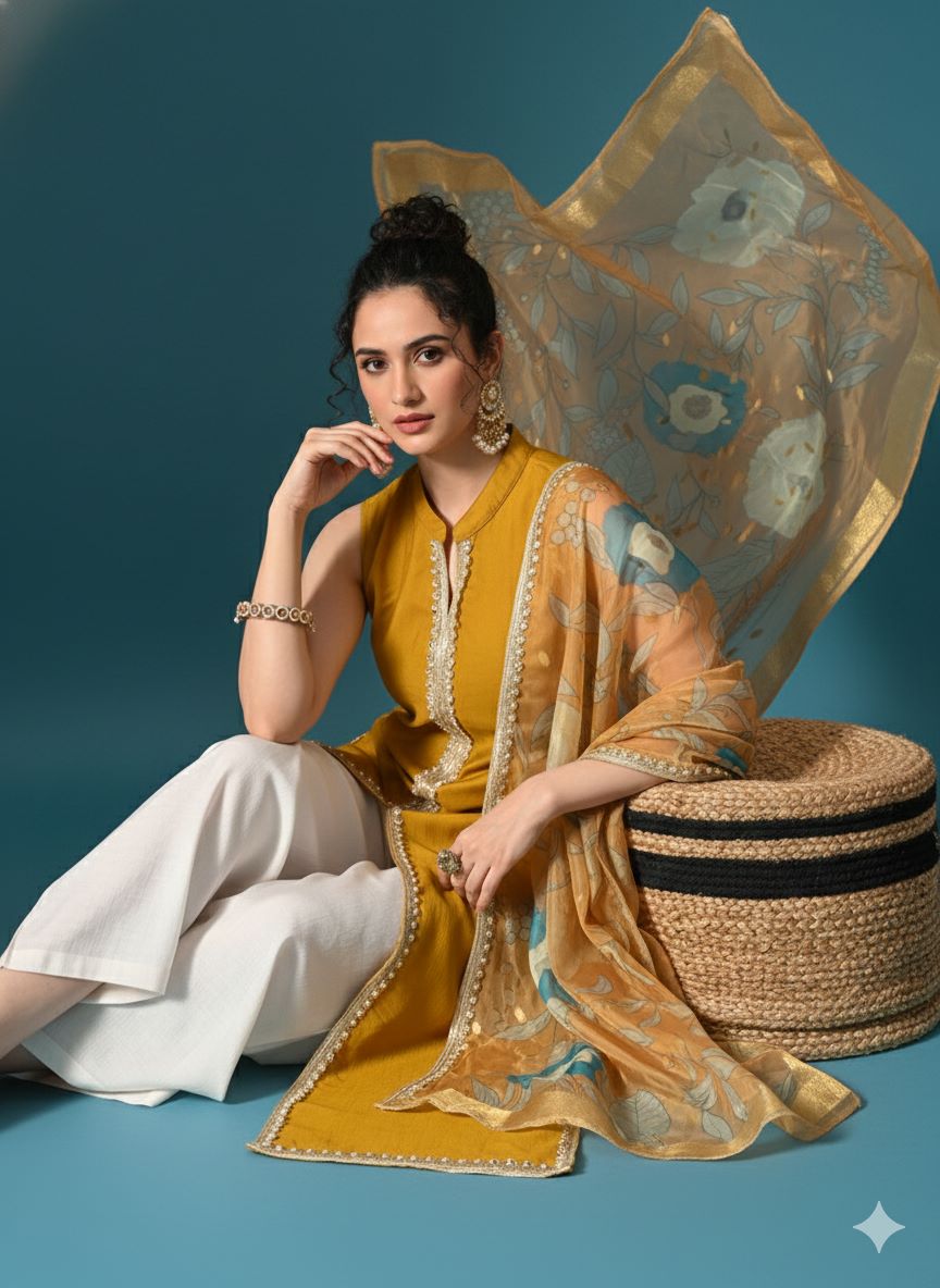 Myshka Women Yellow Sleeveless Kurta, White Palazzo with Printed Organza Dupatta - Swadesiicart