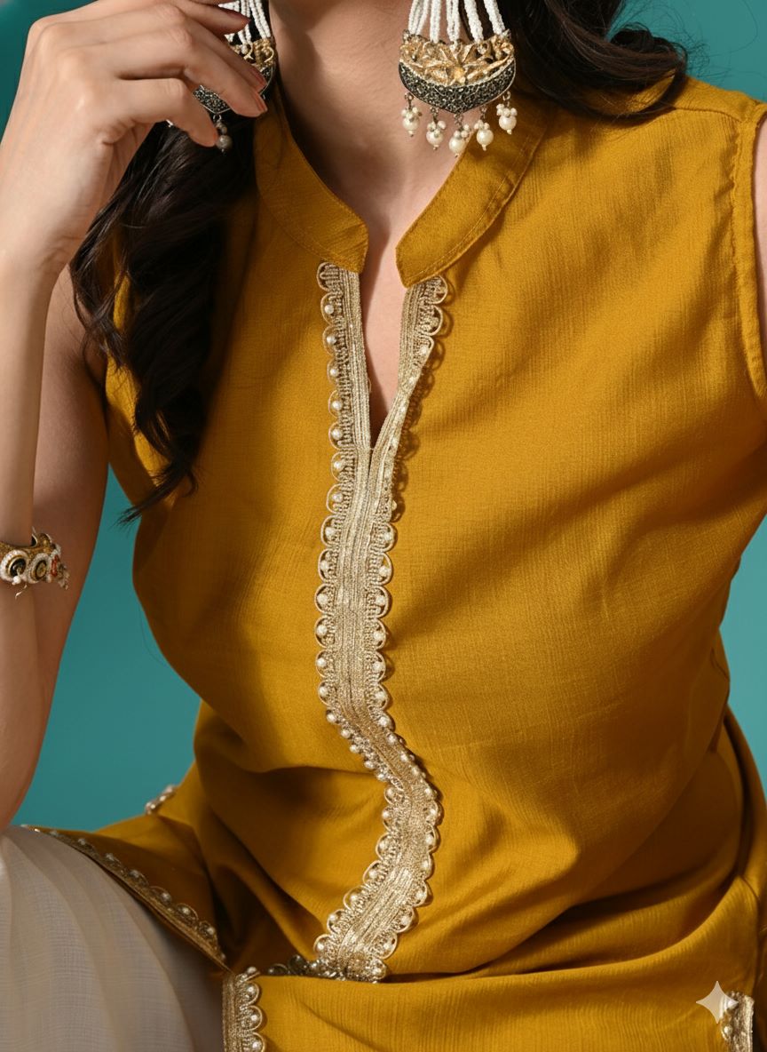 Myshka Women Yellow Sleeveless Kurta, White Palazzo with Printed Organza Dupatta - Swadesiicart