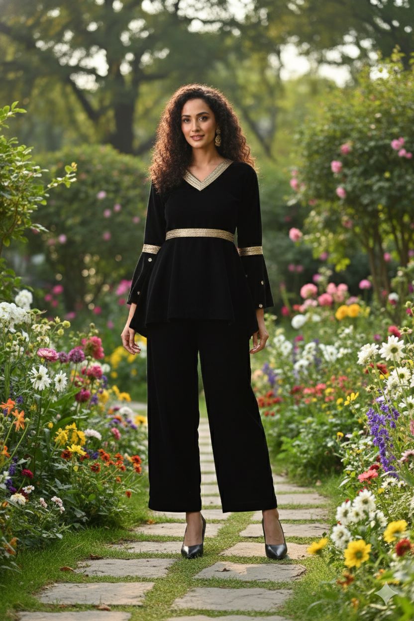 Myshka Women Black Velvet Peplum Top with Belt & Trouser Co-ord Set - Swadesiicart