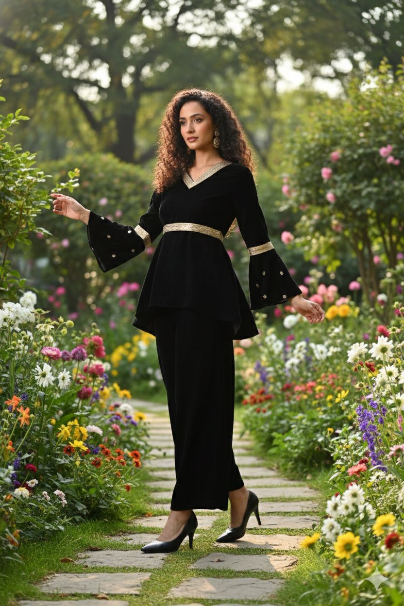 Myshka Women Black Velvet Peplum Top with Belt & Trouser Co-ord Set - Swadesiicart