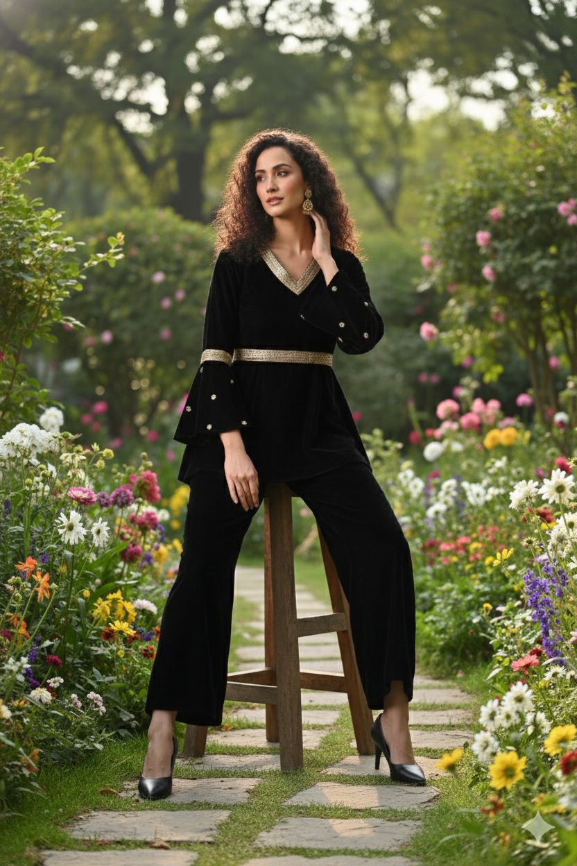 Myshka Women Black Velvet Peplum Top with Belt & Trouser Co-ord Set - Swadesiicart