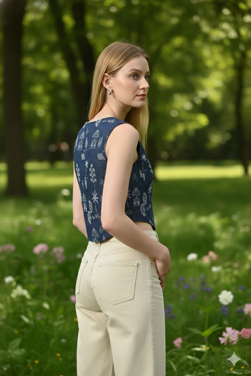 Myshka Women Blue Cotton Embroidered Sleeveless Top - Swadesiicart