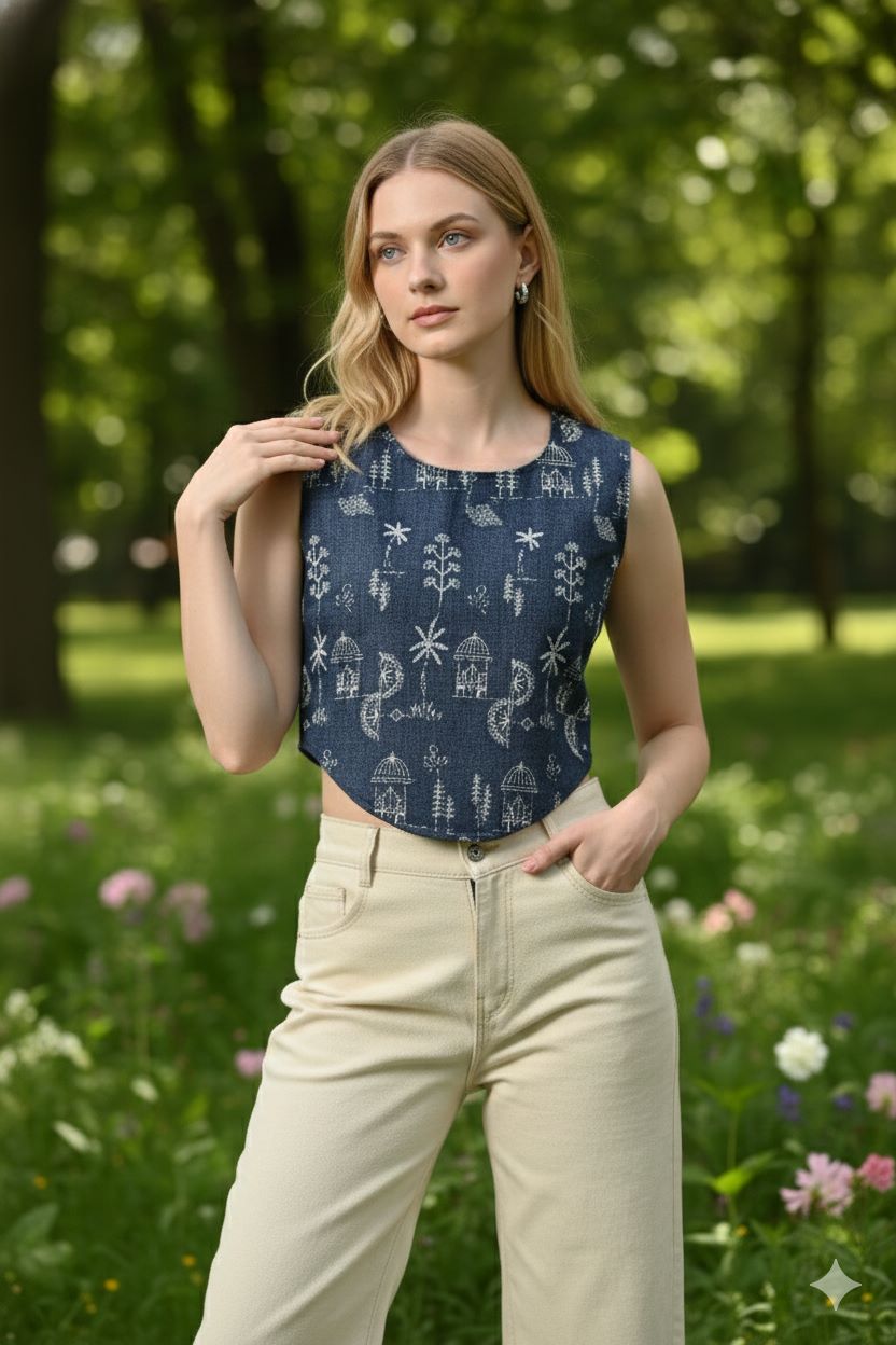 Myshka Women Blue Cotton Embroidered Sleeveless Top - Swadesiicart