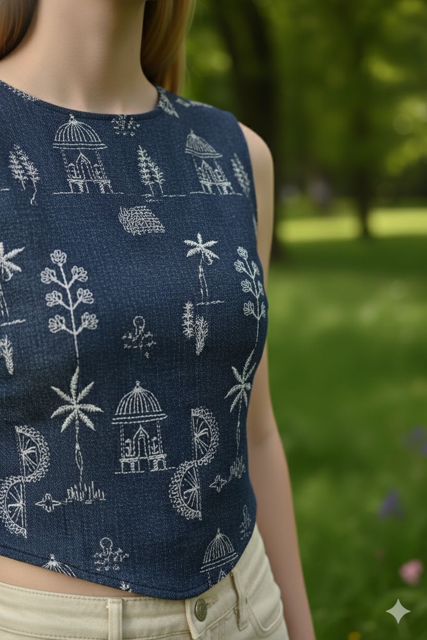 Myshka Women Blue Cotton Embroidered Sleeveless Top - Swadesiicart
