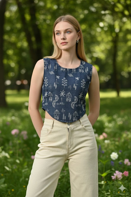 Myshka Women Blue Cotton Embroidered Sleeveless Top - Swadesiicart