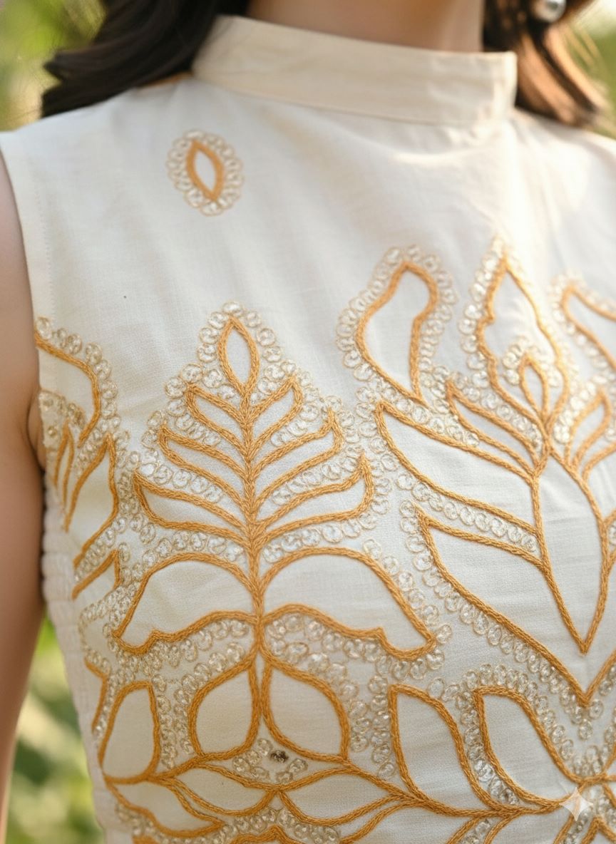 Myshka Women Off White Thread Embroidered Halter Neck Saree Blouse - Swadesiicart