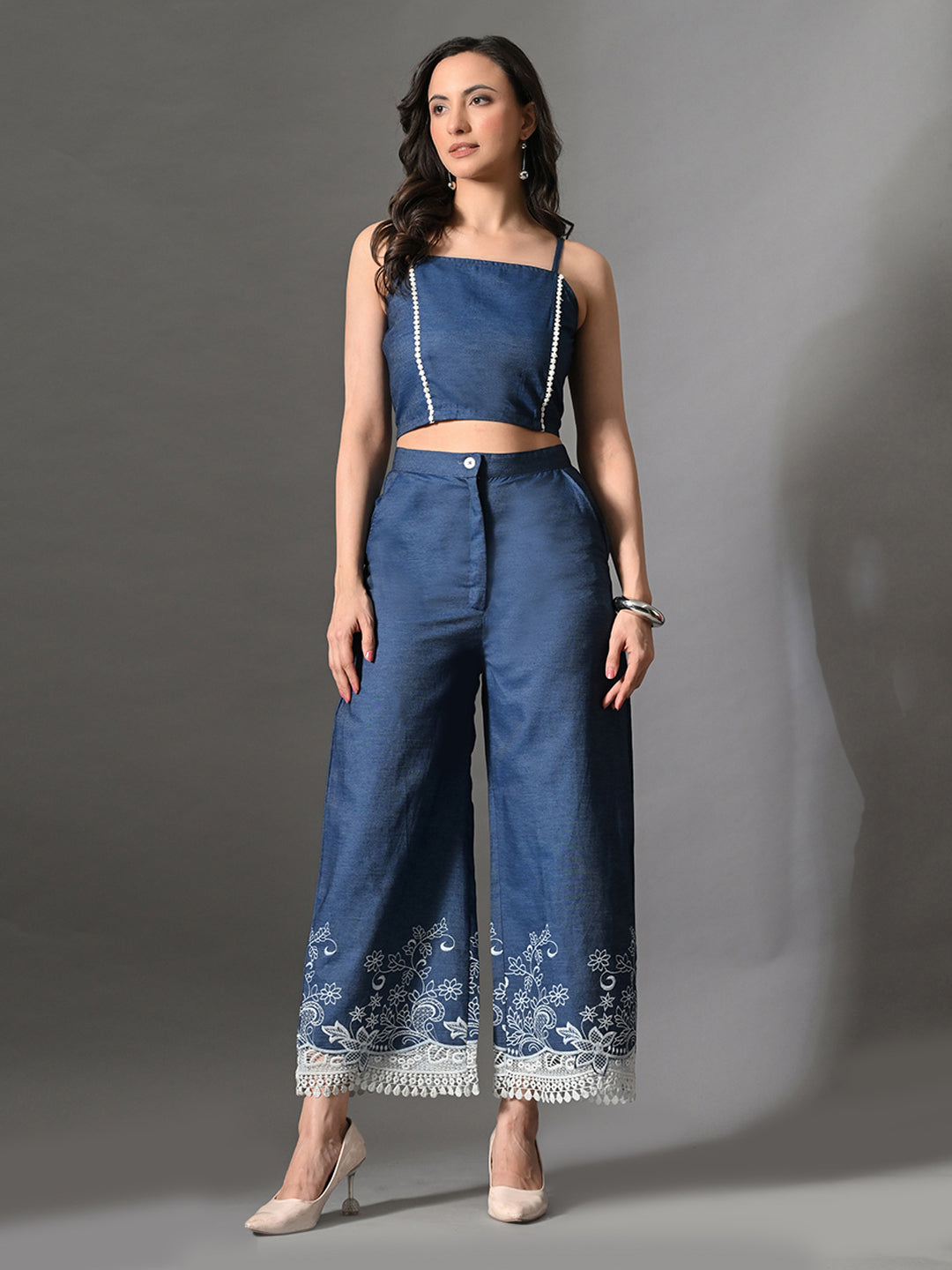 Myshka Women Blue Embellished Crop Top and Laced Trouser Co-ord Set - Swadesiicart