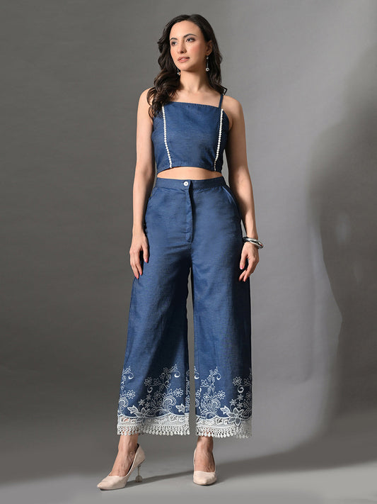 Myshka Women Blue Embellished Crop Top and Laced Trouser Co-ord Set - Swadesiicart