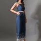 Myshka Women Blue Embellished Crop Top and Laced Trouser Co-ord Set - Swadesiicart
