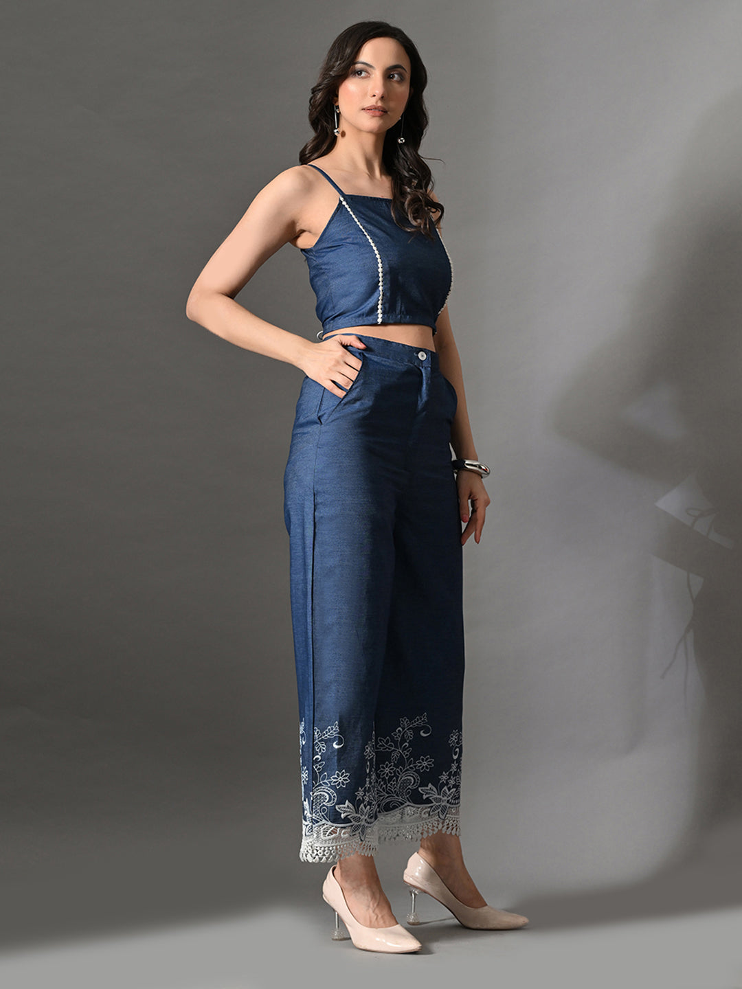 Myshka Women Blue Embellished Crop Top and Laced Trouser Co-ord Set - Swadesiicart