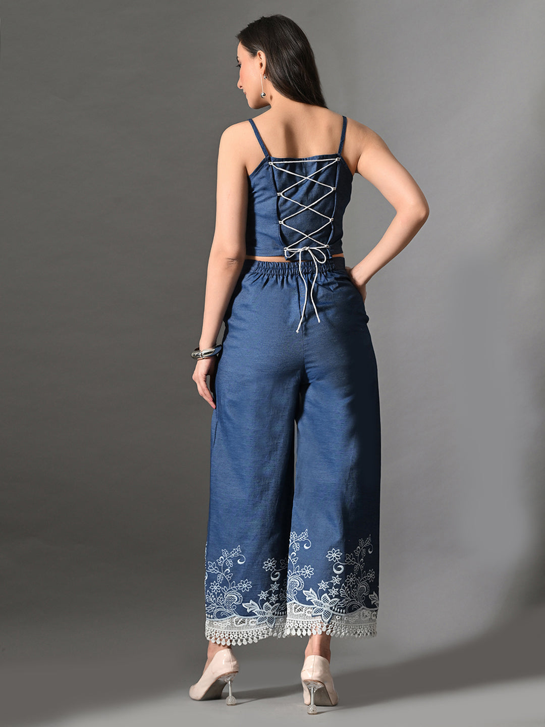 Myshka Women Blue Embellished Crop Top and Laced Trouser Co-ord Set - Swadesiicart