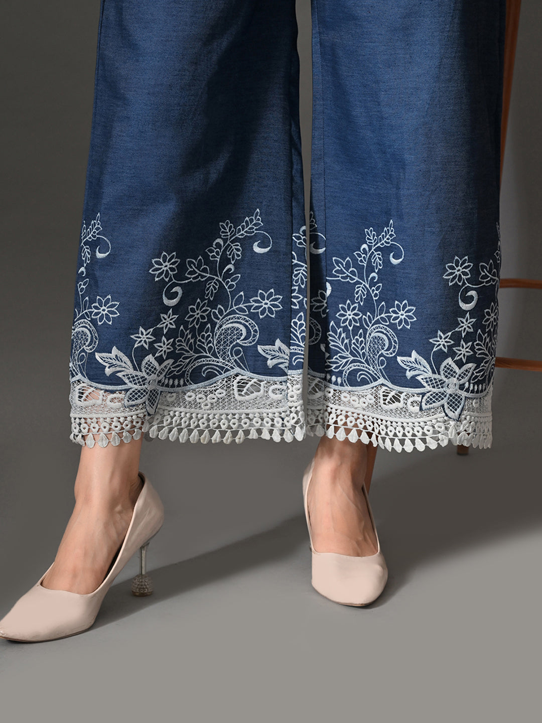 Myshka Women Blue Embellished Crop Top and Laced Trouser Co-ord Set - Swadesiicart
