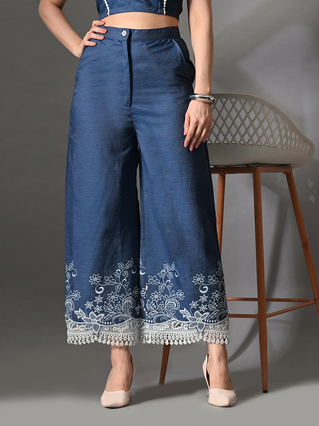 Myshka Women Blue Embellished Crop Top and Laced Trouser Co-ord Set - Swadesiicart