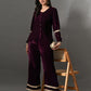 Myshka Women Wine Velvet Shirt Embroidered Full Sleeves with Flared Trouser Co-ord Set - Swadesiicart