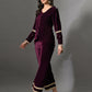 Myshka Women Wine Velvet Shirt Embroidered Full Sleeves with Flared Trouser Co-ord Set - Swadesiicart