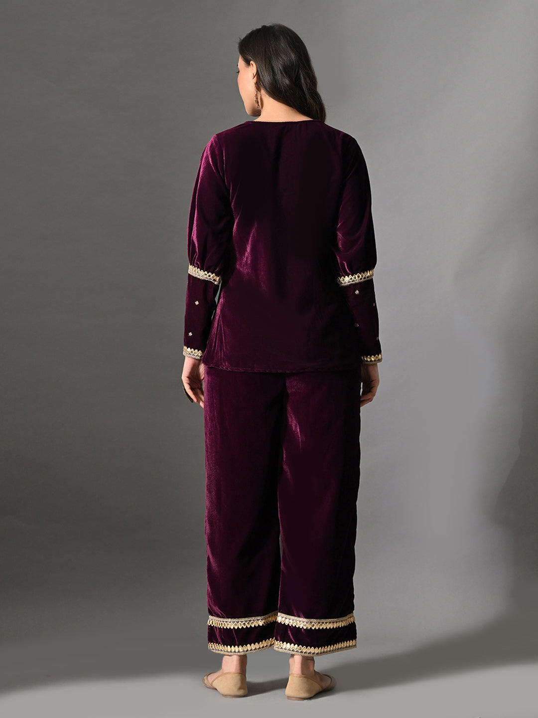 Myshka Women Wine Velvet Shirt Embroidered Full Sleeves with Flared Trouser Co-ord Set - Swadesiicart