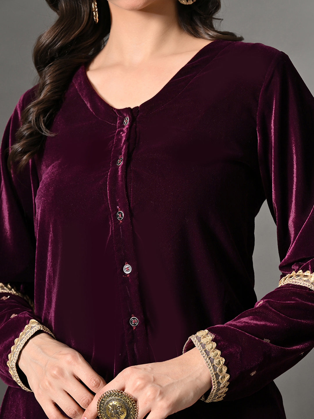Myshka Women Wine Velvet Shirt Embroidered Full Sleeves with Flared Trouser Co-ord Set - Swadesiicart