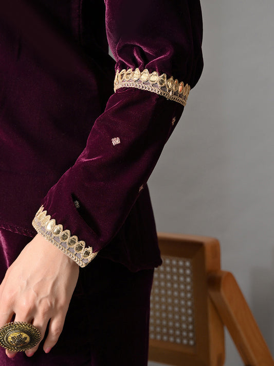 Myshka Women Wine Velvet Shirt Embroidered Full Sleeves with Flared Trouser Co-ord Set - Swadesiicart