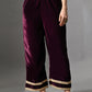 Myshka Women Wine Velvet Shirt Embroidered Full Sleeves with Flared Trouser Co-ord Set - Swadesiicart