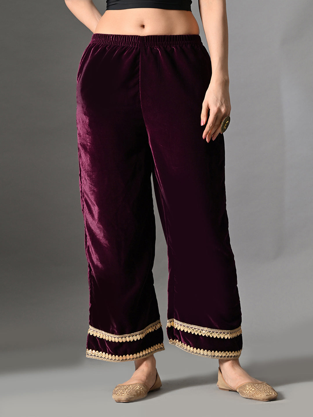 Myshka Women Wine Velvet Shirt Embroidered Full Sleeves with Flared Trouser Co-ord Set - Swadesiicart