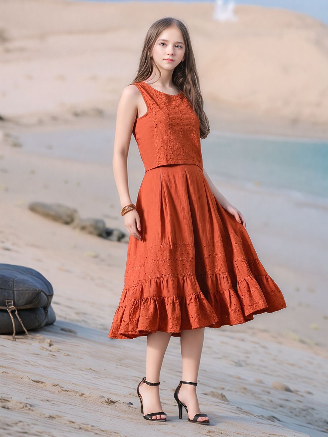 Myshka Girls Rust Pure Cotton Sleeveless Schiffli Top and Flared Skirt - Swadesiicart