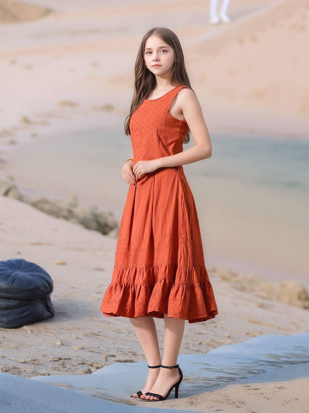 Myshka Girls Rust Pure Cotton Sleeveless Schiffli Top and Flared Skirt - Swadesiicart