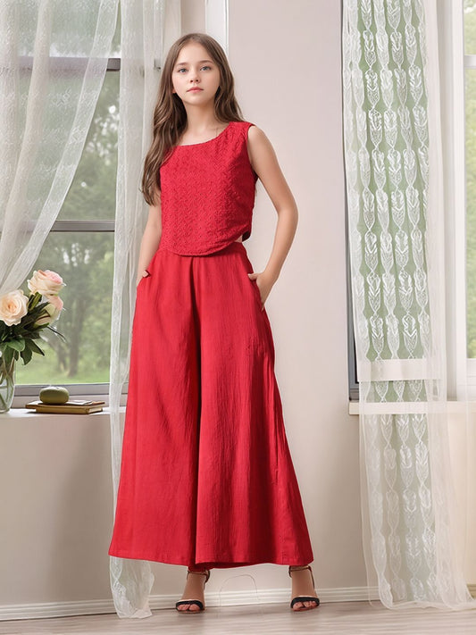 Myshka Girls Maroon Pure Cotton Sleeveless Schiffli Top with Flared Trouser - Swadesiicart