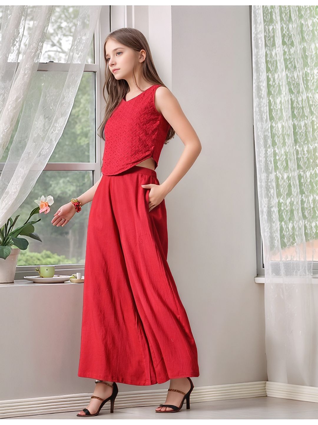 Myshka Girls Maroon Pure Cotton Sleeveless Schiffli Top with Flared Trouser - Swadesiicart