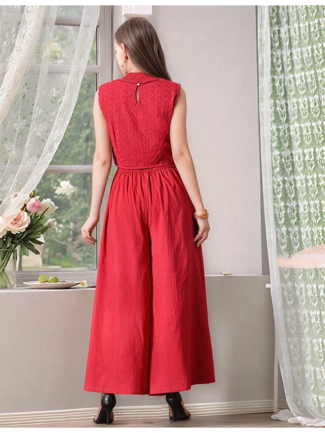 Myshka Girls Maroon Pure Cotton Sleeveless Schiffli Top with Flared Trouser - Swadesiicart