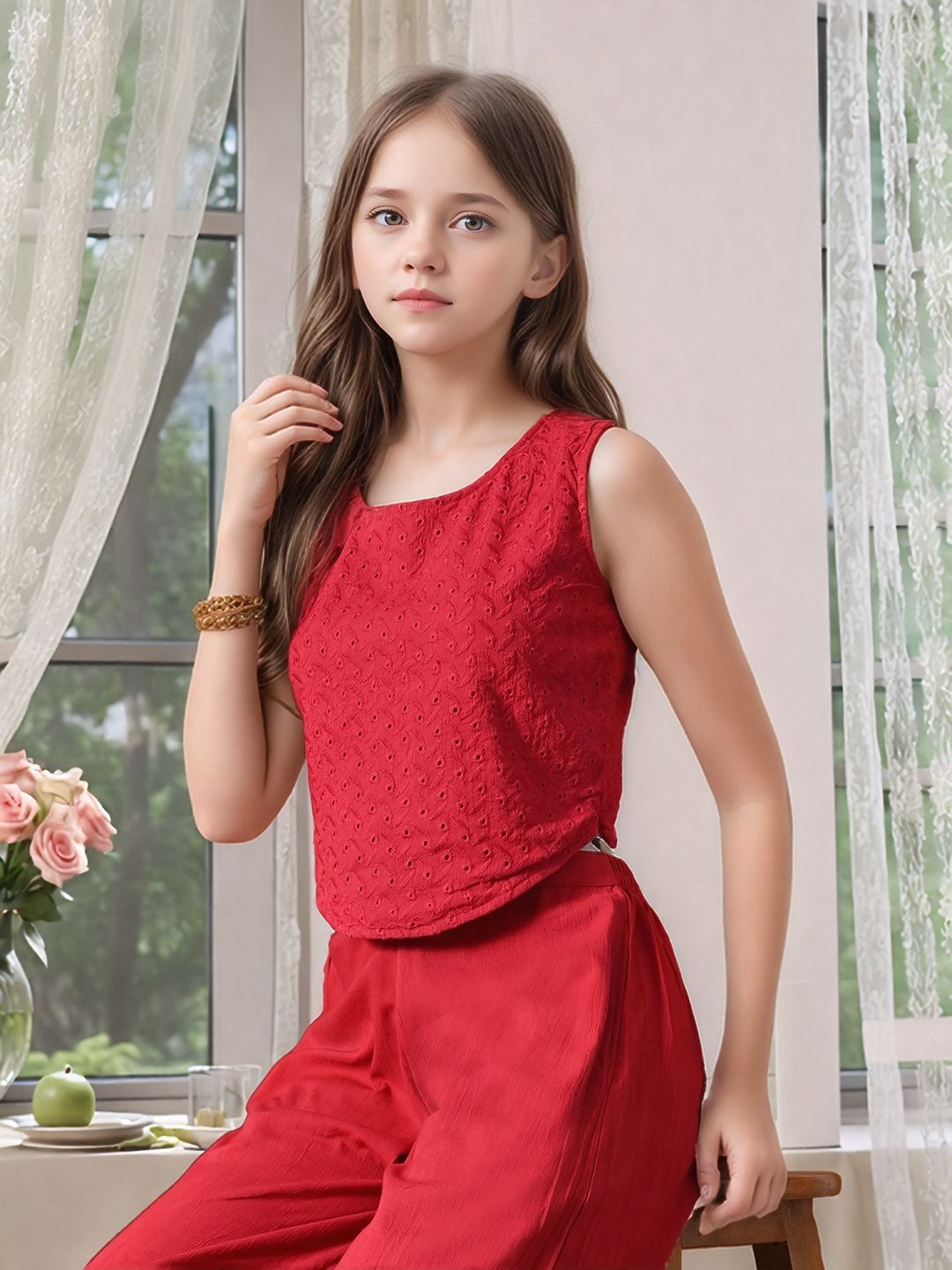 Myshka Girls Maroon Pure Cotton Sleeveless Schiffli Top with Flared Trouser - Swadesiicart