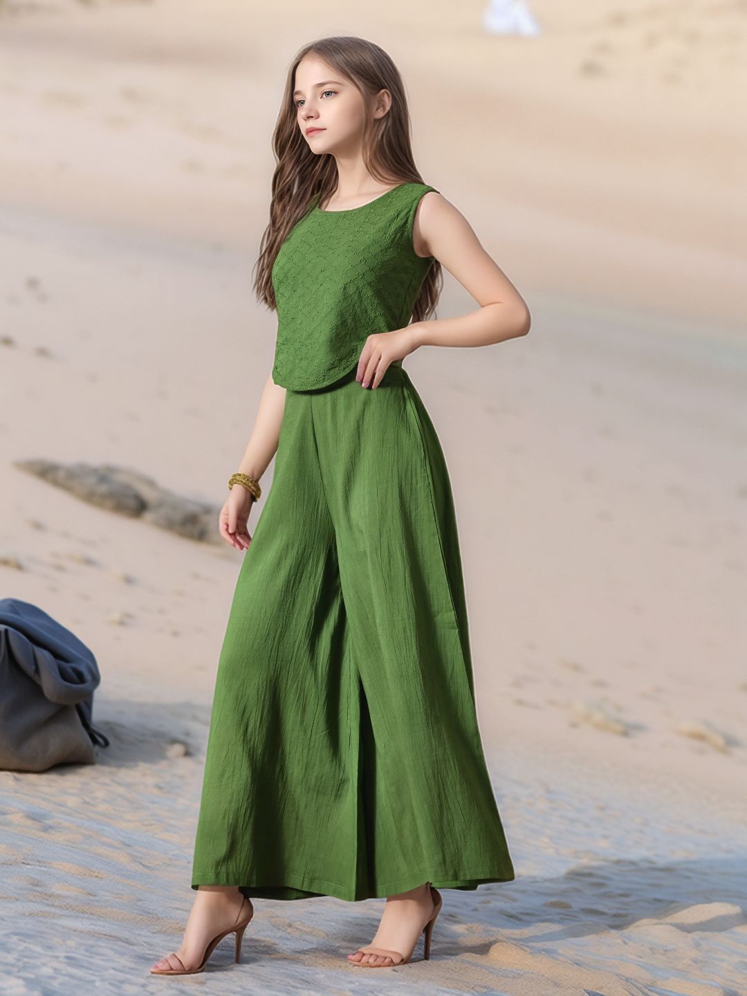 Myshka Girls Green Pure Cotton Sleeveless Schiffli Top with Flared Trouser - Swadesiicart
