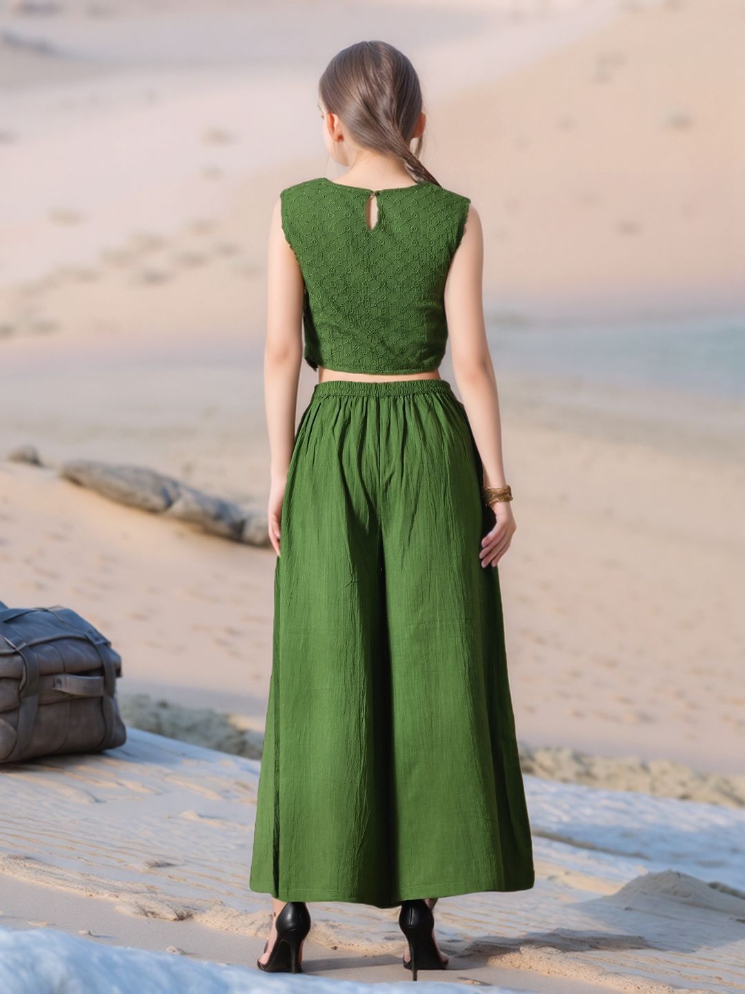 Myshka Girls Green Pure Cotton Sleeveless Schiffli Top with Flared Trouser - Swadesiicart