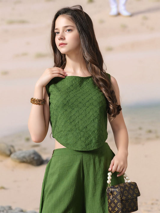 Myshka Girls Green Pure Cotton Sleeveless Schiffli Top with Flared Trouser - Swadesiicart