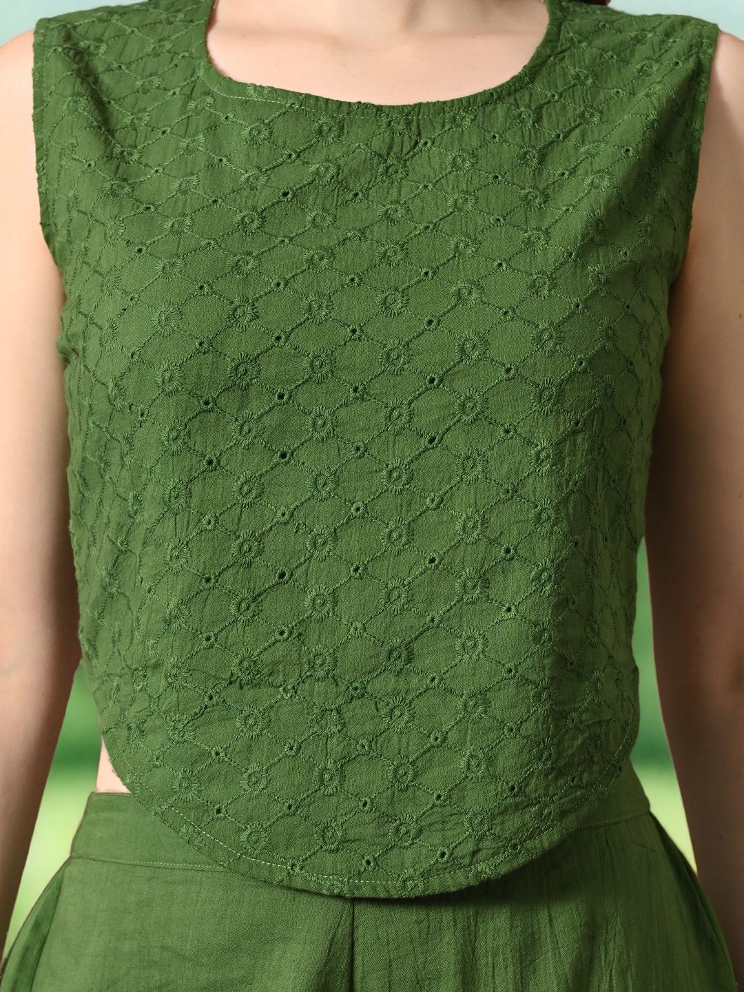 Myshka Girls Green Pure Cotton Sleeveless Schiffli Top with Flared Trouser - Swadesiicart