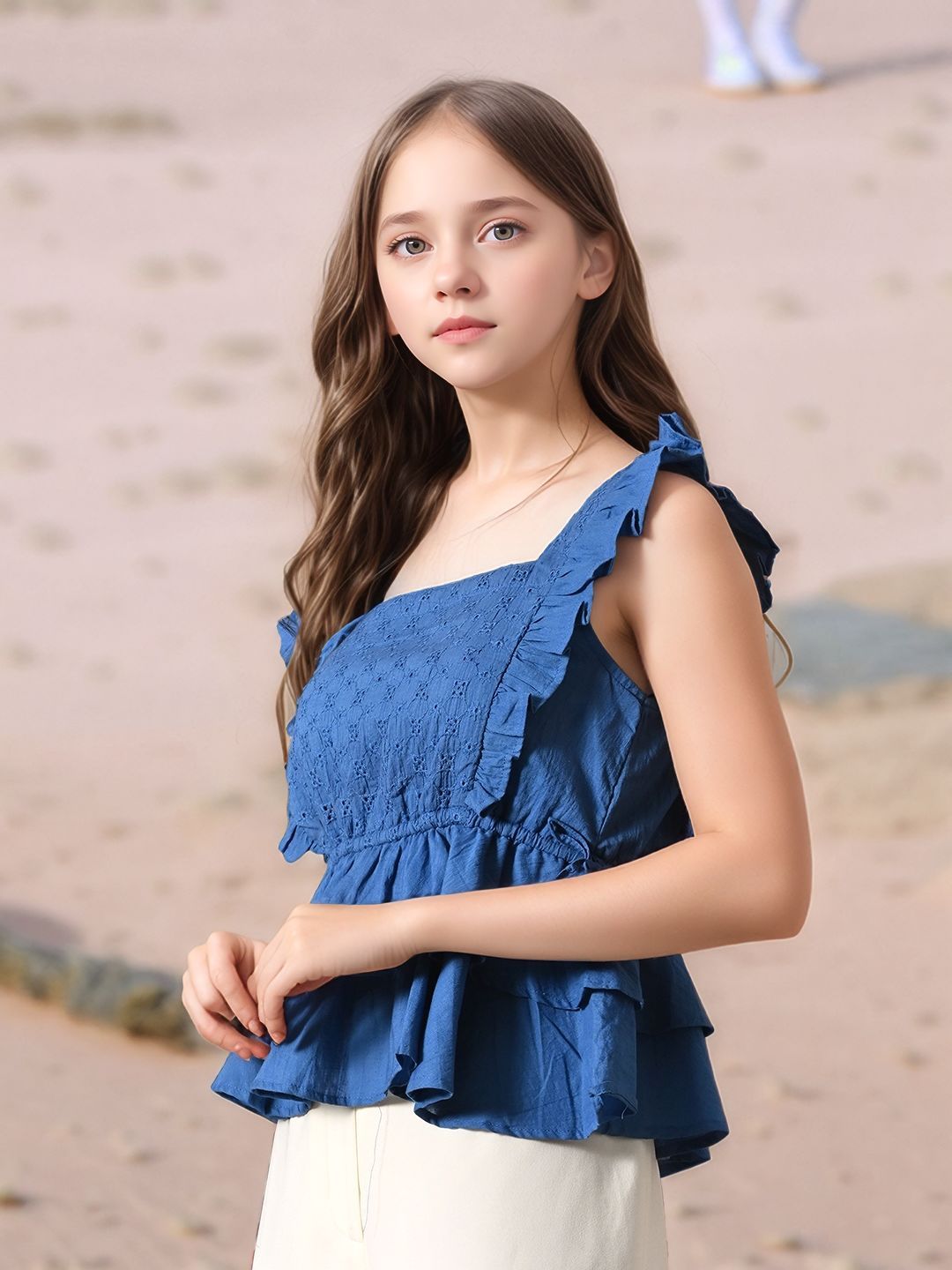 Myshka Girl Blue Pure Cotton Schiffli Flared Sleeves Tiered Top - Swadesiicart