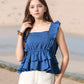 Myshka Girl Blue Pure Cotton Schiffli Flared Sleeves Tiered Top - Swadesiicart