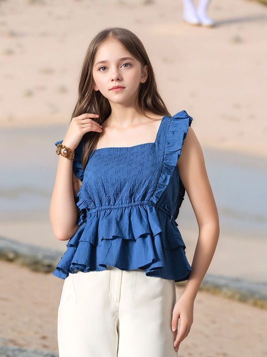 Myshka Girl Blue Pure Cotton Schiffli Flared Sleeves Tiered Top - Swadesiicart