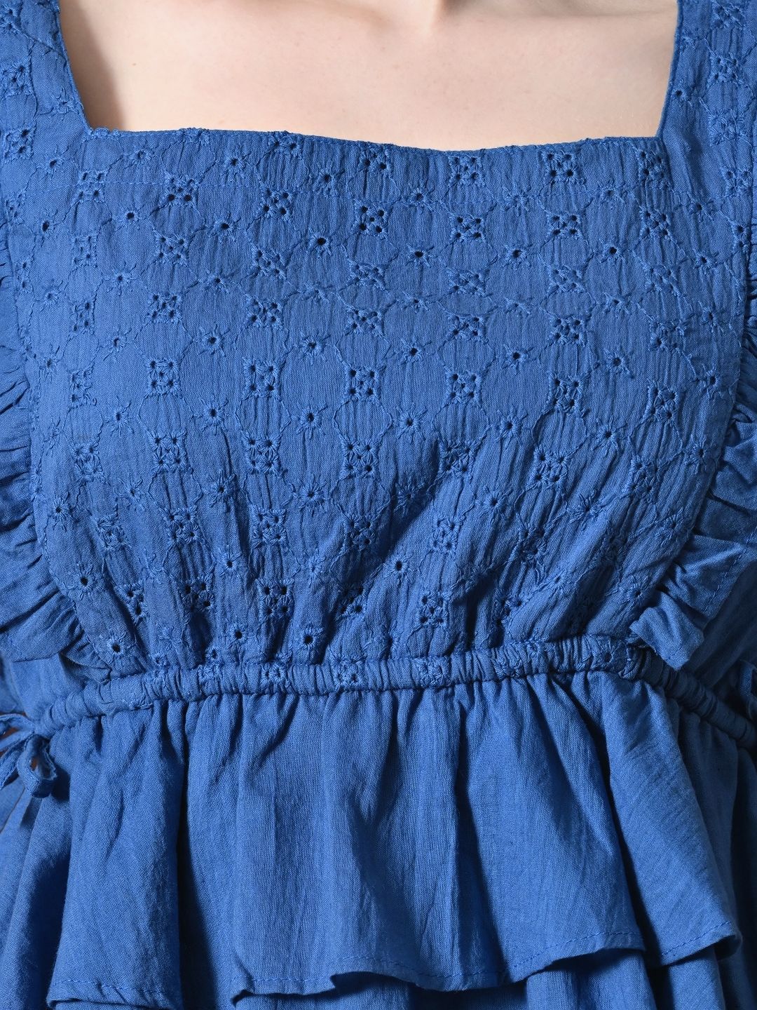 Myshka Girl Blue Pure Cotton Schiffli Flared Sleeves Tiered Top - Swadesiicart