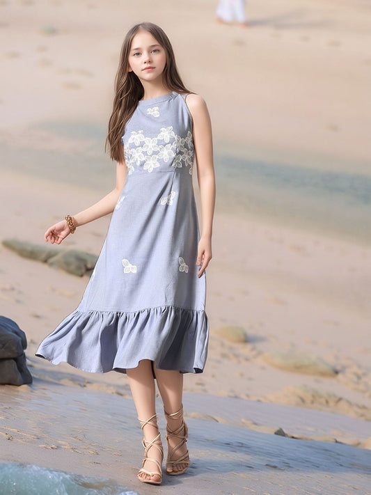 Myshka Girls Linen Cotton Embroidered Maxi Dress - Swadesiicart