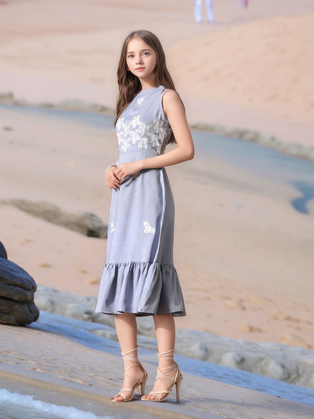 Myshka Girls Linen Cotton Embroidered Maxi Dress - Swadesiicart