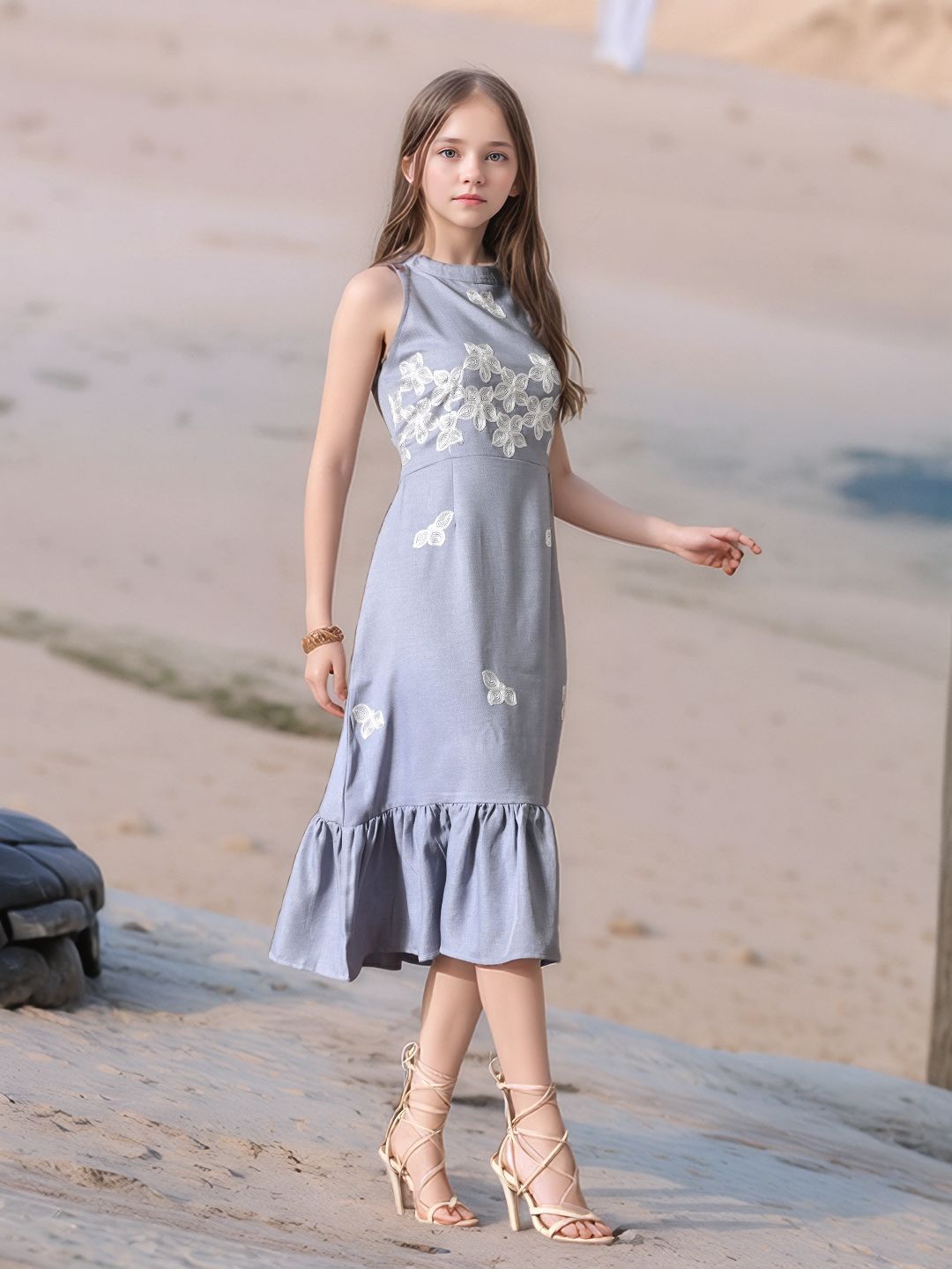 Myshka Girls Linen Cotton Embroidered Maxi Dress - Swadesiicart