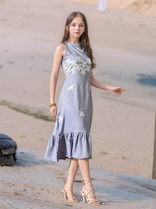 Myshka Girls Linen Cotton Embroidered Maxi Dress - Swadesiicart