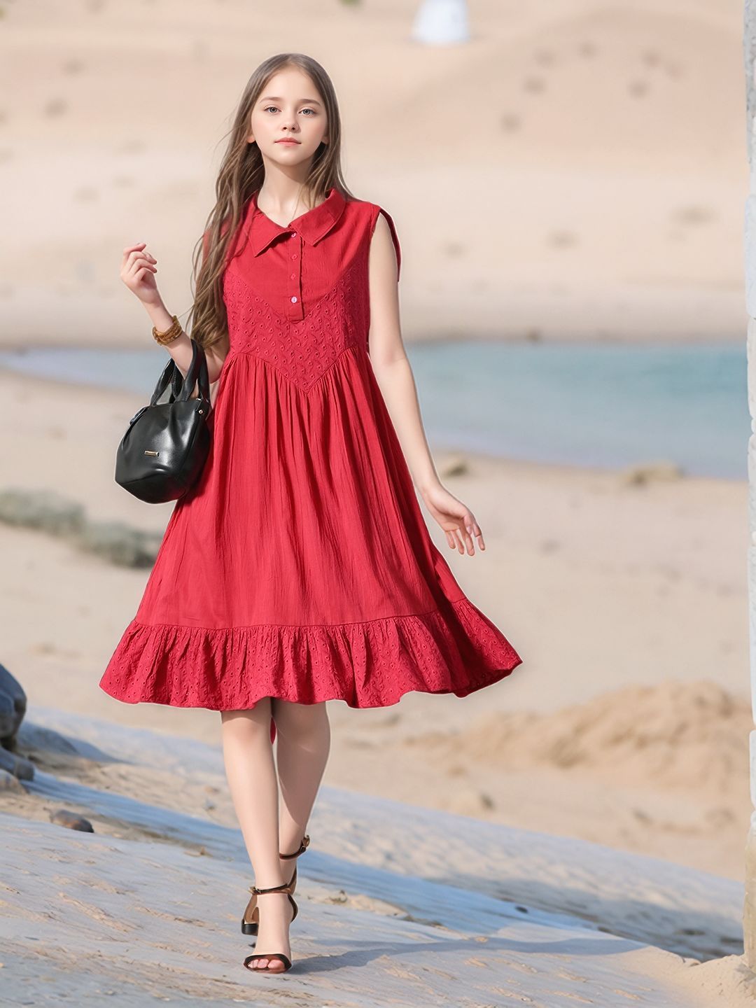 Myshka Girls Pure Cotton Pink Schiffli Midi Dress - Swadesiicart