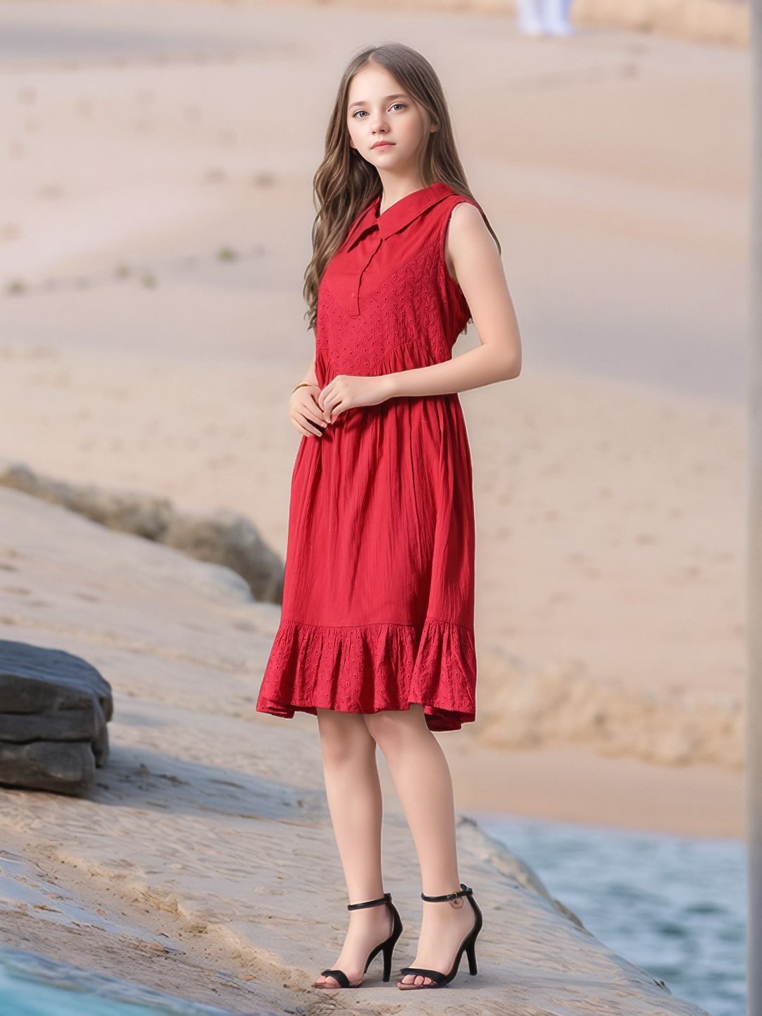 Myshka Girls Pure Cotton Pink Schiffli Midi Dress - Swadesiicart