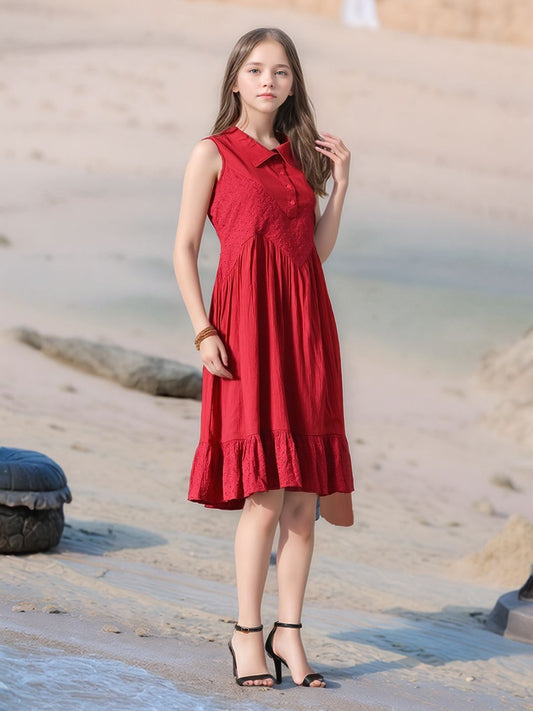 Myshka Girls Pure Cotton Pink Schiffli Midi Dress - Swadesiicart